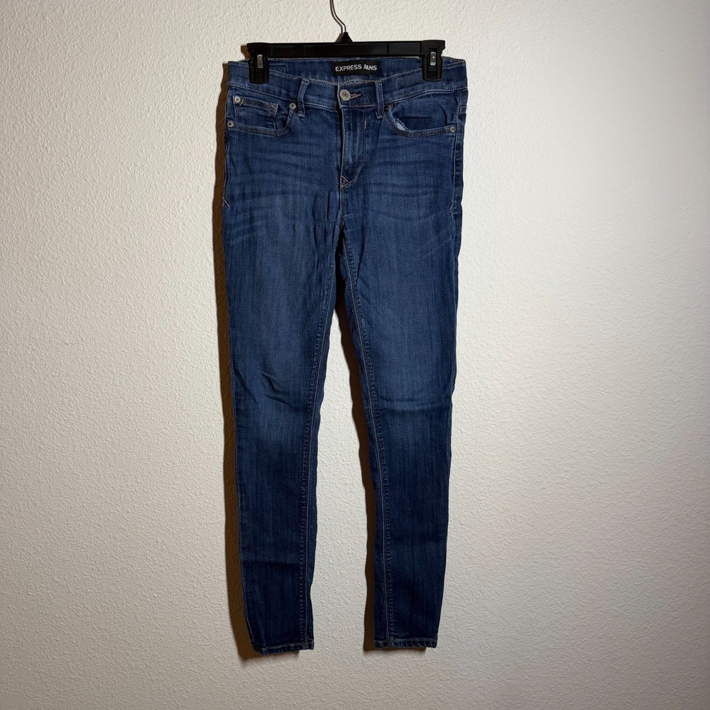 Express Jeans Womens 29x28.5 Blue Medium Wash Denim Embroidery Logo‎ Skinny Leg